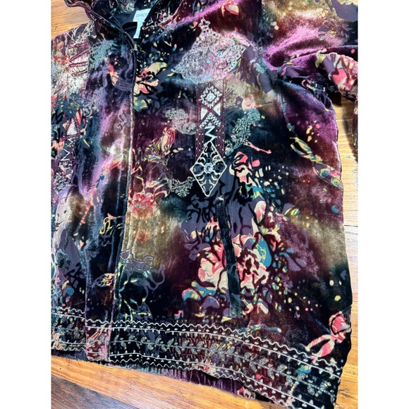 Chicos Women's Velvet Floral Print Embroidered Hooded Velour Track Jacket Sz 2/L - Picture 8 of 10